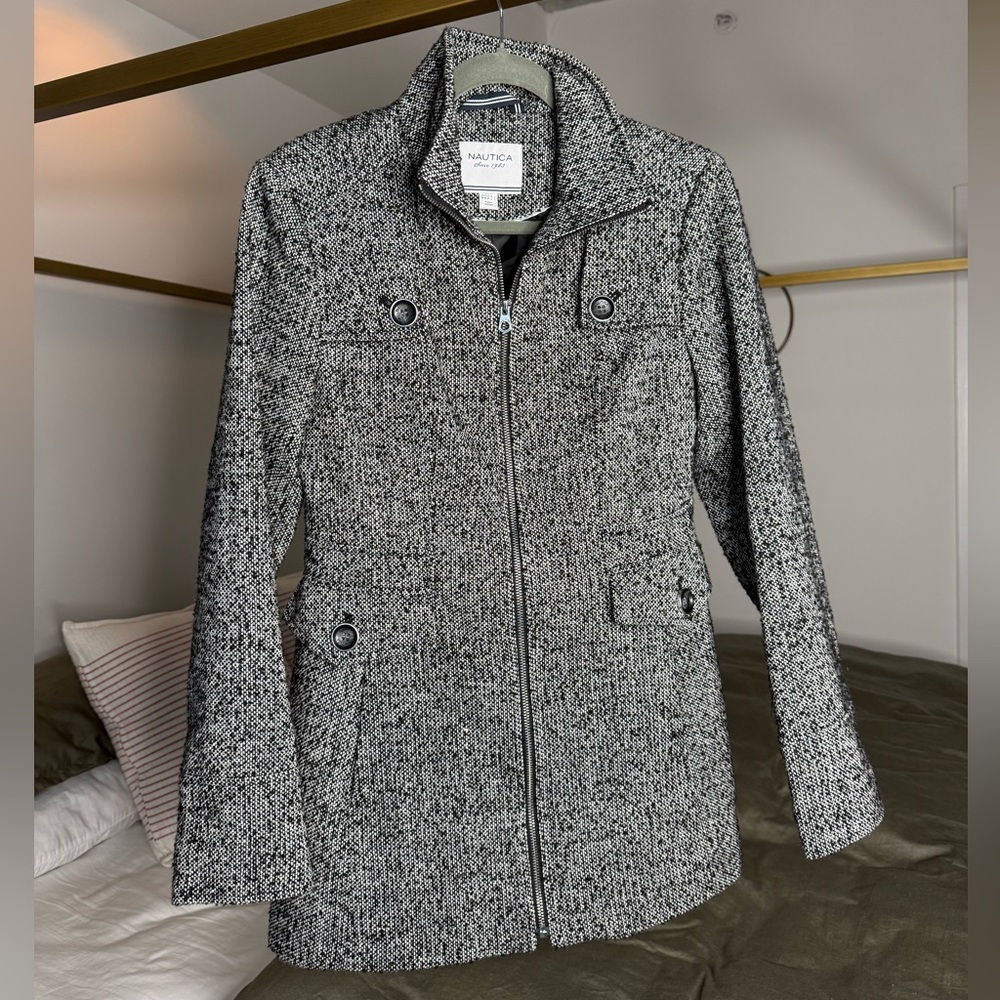 Nautica Tweed Coat Womens M Black White Houndstooth Jacket Preppy Y2K Academia
